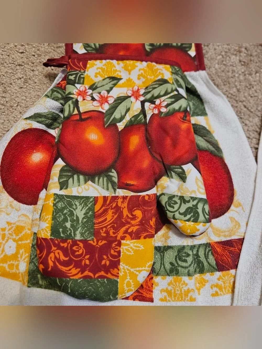 2 Handcrafted Towels Attached To Potholders | Red + White | Apples | Oven Mitt